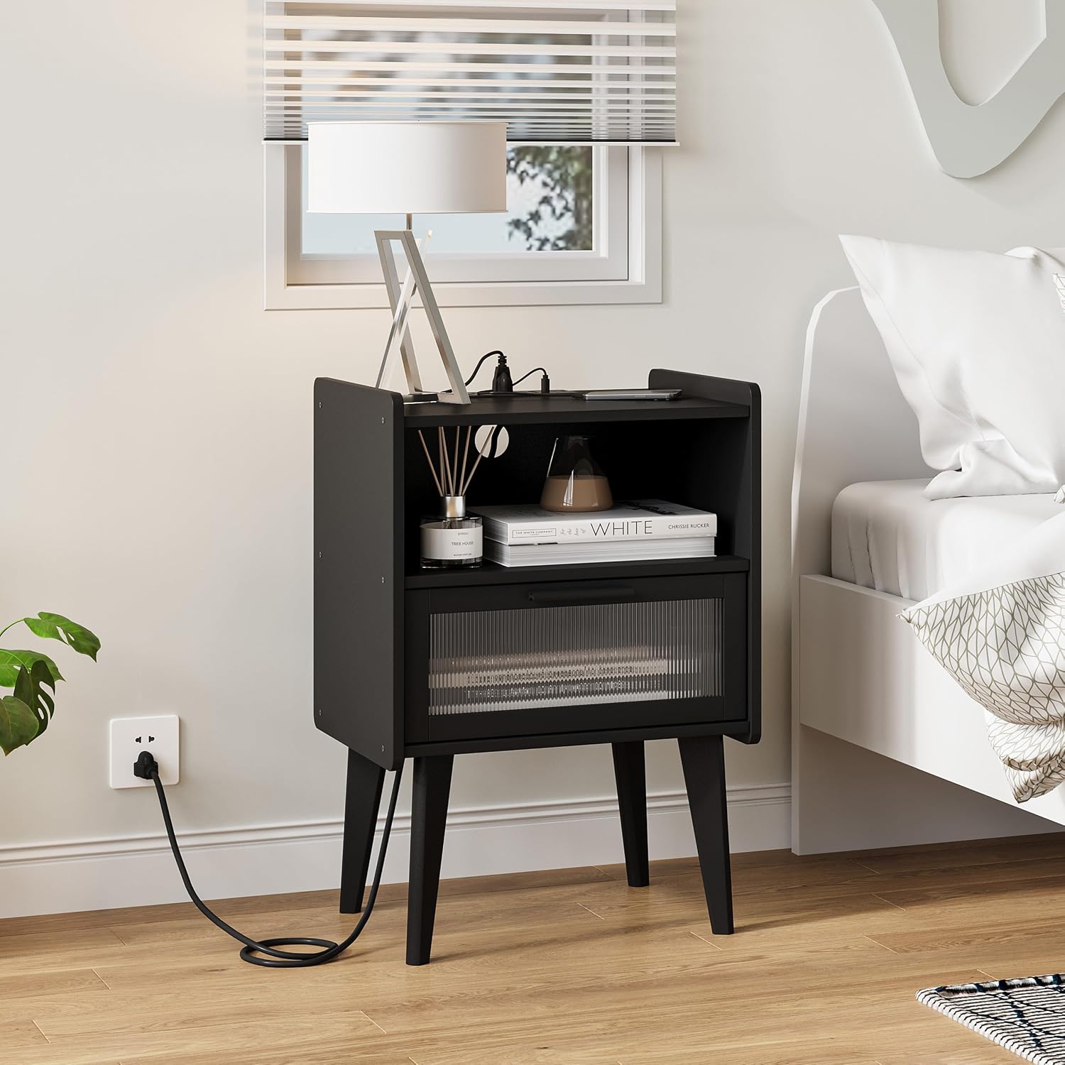 MMEOLUOOK Nightstand with Charging Station, Bedside Tables, End Table Side Table with 2 Tiers Storage Space, for Bedroom, Living Room, Black CAMLBZ07BE
