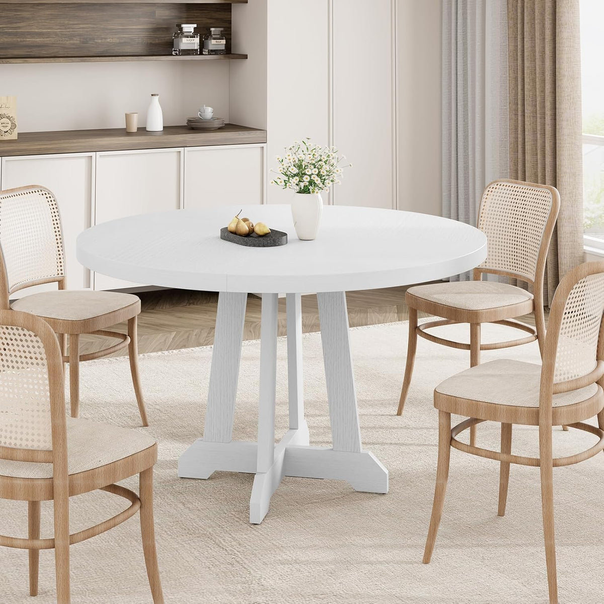 GarveeHome Round Dining Table for 4, 47 Inches Dining Room Table with Wooden Base, Kitchen Table with Circle Tabletop, Dinner Table for Dining Room, Kitchen, Living Room, White