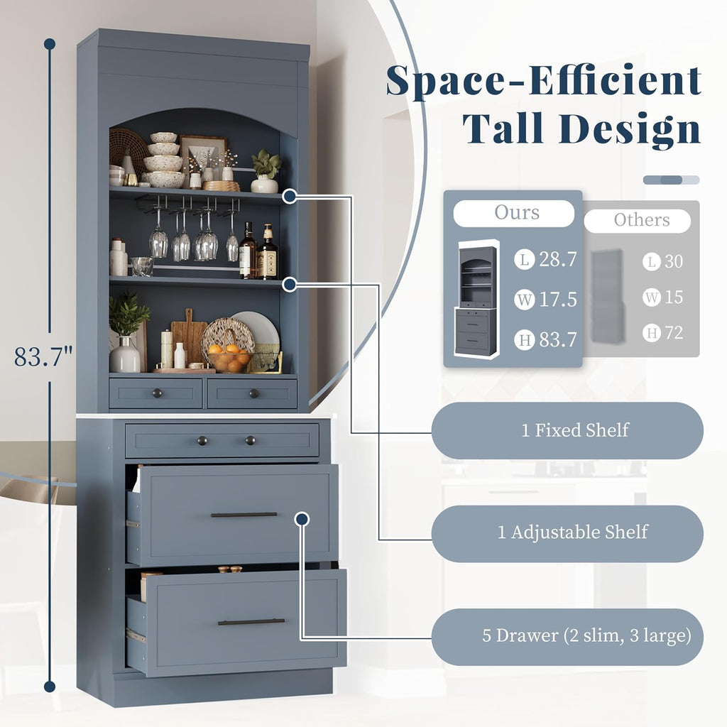 Modern 28.7x17.5x83.7 Inch Tall Kitchen Pantry Cabinet, Freestanding Hutch with Faux Marble Top, 5 Drawers & Adjustable Shelf, Glass Holders, Space-Saving Storage for Kitchen/Dining Room (1, Gray)
