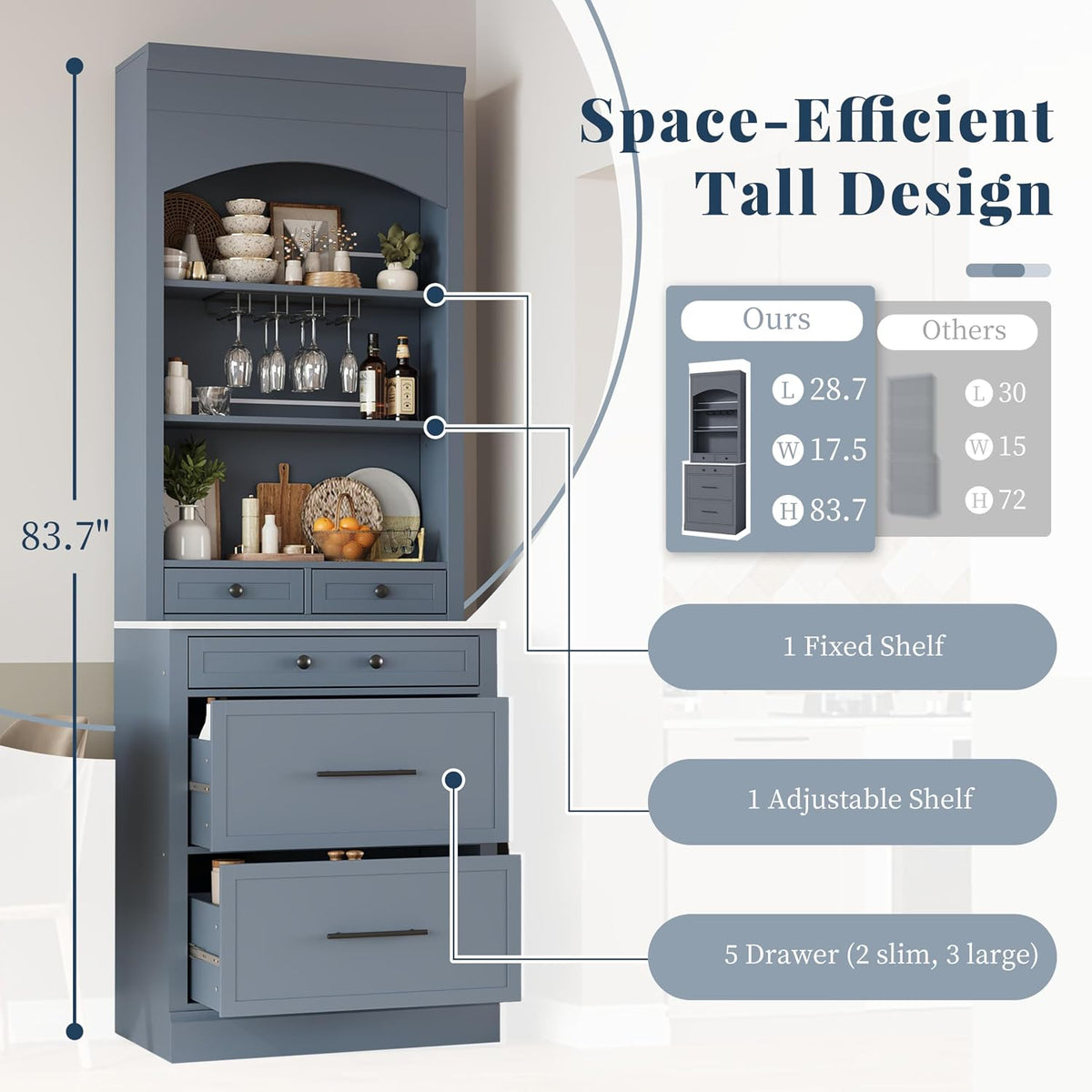 Modern 28.7x17.5x83.7 Inch Tall Kitchen Pantry Cabinet, Freestanding Hutch with Faux Marble Top, 5 Drawers & Adjustable Shelf, Glass Holders, Space-Saving Storage for Kitchen/Dining Room (1, Gray)