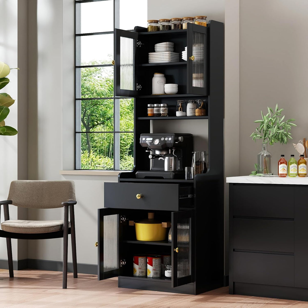 Black Tall Kitchen Pantry Storage Cabinet, Farmhouse Kitchen Hutch Buffet Cabinet with Microwave Stand & Drawer, Freestanding Coffee Bar Cupboard for Dining Room (Black)