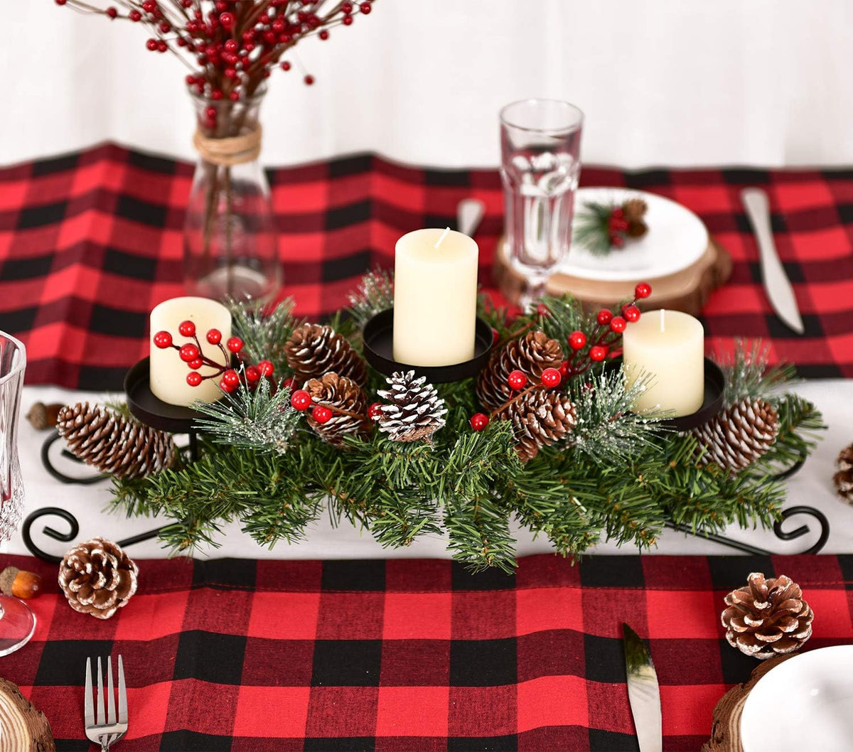 20 Inch Christmas Candle Holder Centerpiece with 3 Candle Holders, Pine Cones, Red Berry Table Accent for Festival Home Decoration