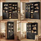 Cyclysio 80" Tall Kitchen Pantry, Large Storage Cabinets with Glass Doors, Modular Wood Pantry Cabinet with 3 Drawers & Adjustable Shelves for Living Room & Dining Room, Set of 3 (Black)