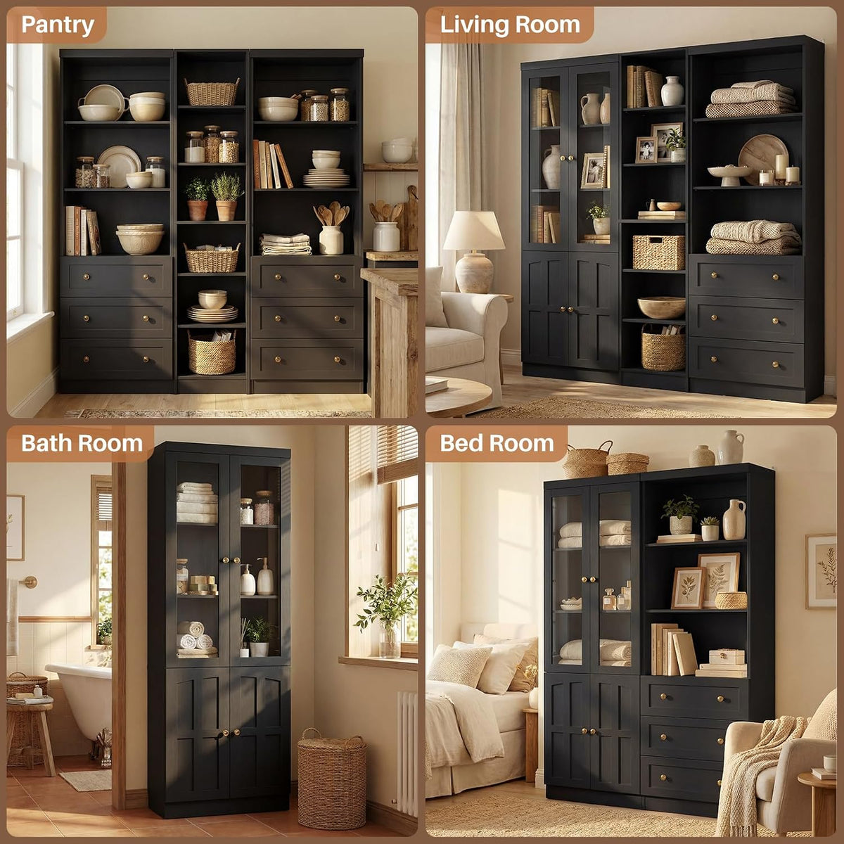 Cyclysio 80" Tall Kitchen Pantry, Large Storage Cabinets with Glass Doors, Modular Wood Pantry Cabinet with 3 Drawers & Adjustable Shelves for Living Room & Dining Room, Set of 3 (Black)