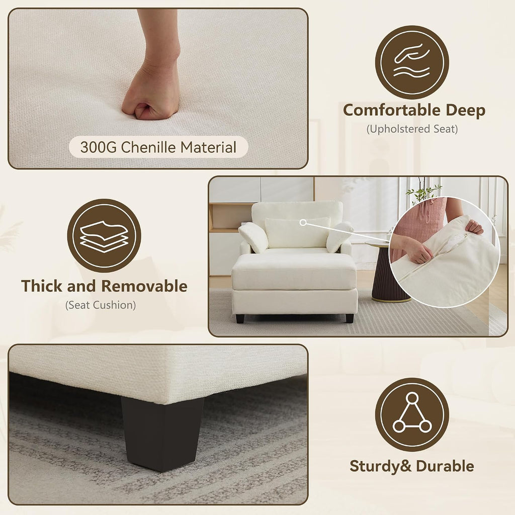 WUTUTUEE 57.5" Oversized Chaise Lounge with Ottoman Indoor, White Reading Chair with Ottoman & Sofa Bed, Chenille Upholstered Comfy Sleeper Chair for Living Room, Bedroom, Office
