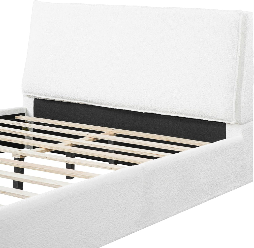 Christopher Knight Home Jamaiya Boucle Upholstered Queen Size Bed Frame with Headboard, Modern Queen Bed Frame and Headboard, Wooden Slats Support, Easy Assembly, No Box Spring Needed, White