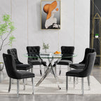 7-Piece Round Glass Dining Table Set for 6, 47" Circle Kitchen Table with 6 Black Velvet Chairs Modern Silver Glass Dining Room Table Set for 6 with Steel Leg Chair