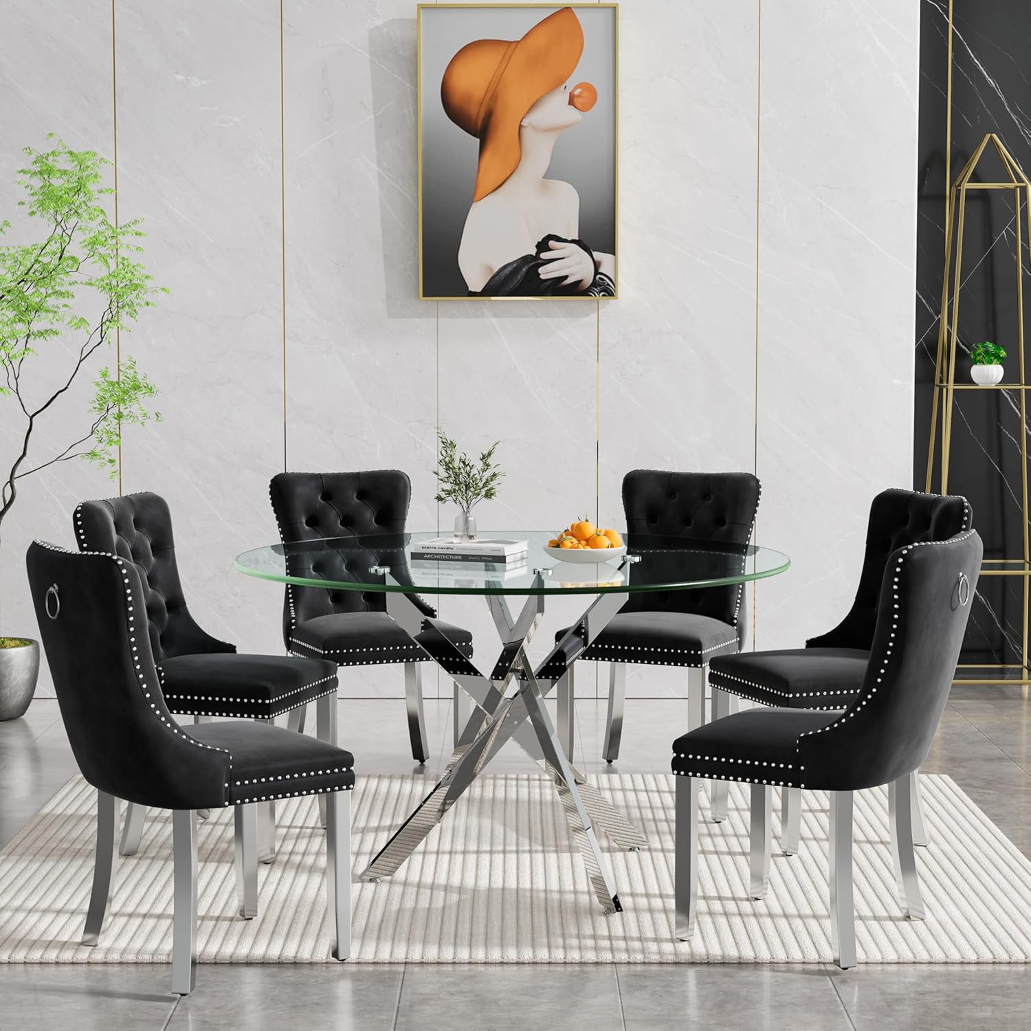 7-Piece Round Glass Dining Table Set for 6, 47" Circle Kitchen Table with 6 Black Velvet Chairs Modern Silver Glass Dining Room Table Set for 6 with Steel Leg Chair