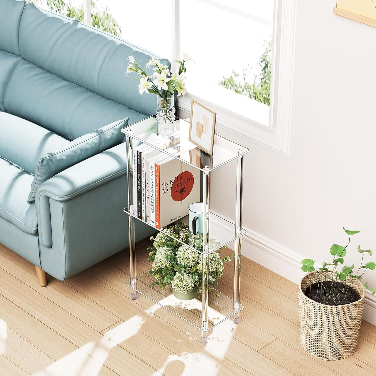 Clear Acrylic Narrow Side Table for Small Spaces, 15.75" L x 7.87" W x 26.7" H, 3 Tier Rectangle Slim End Table Nightstand, Small Mini Skinny Bedside Table for Bedroom, Bathroom, Living Room