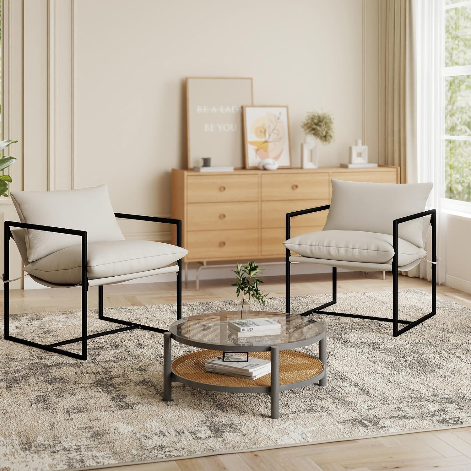 Kromax Sling Accent Chair, Set of 2, Cozy Living Room Chairs, Beige | Cozy Living Room Chairs, Square Metal Frame, Upholstered Soft Cushion, Sponge, 27.6"x27.6“x32.3, Easy Assembly