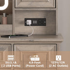 HUANLEGO Farmhouse Makeup Vanity Desk with Mirror and LED Lights, Grey | Vanity Mirror with Lights Desk for Women, Makeup Table Set with RGB Cabinet and 6 Drawers, Charging Station , 3 Light Modes