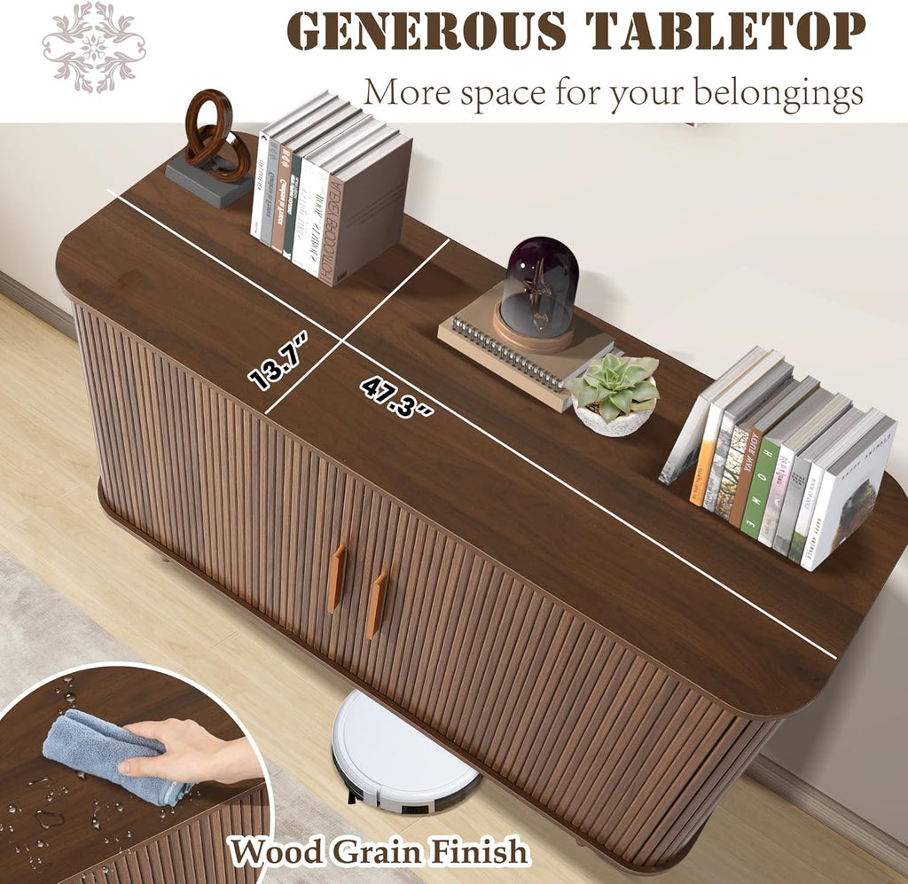 47" Fluted Buffet Cabinet with Tambour Sliding Doors, Modern Sideboard Buffer Cabinets with Storage & Adjustable Shelves, Mid Century Credenza Accent Cabinet for Living Room Entryway (Brown)