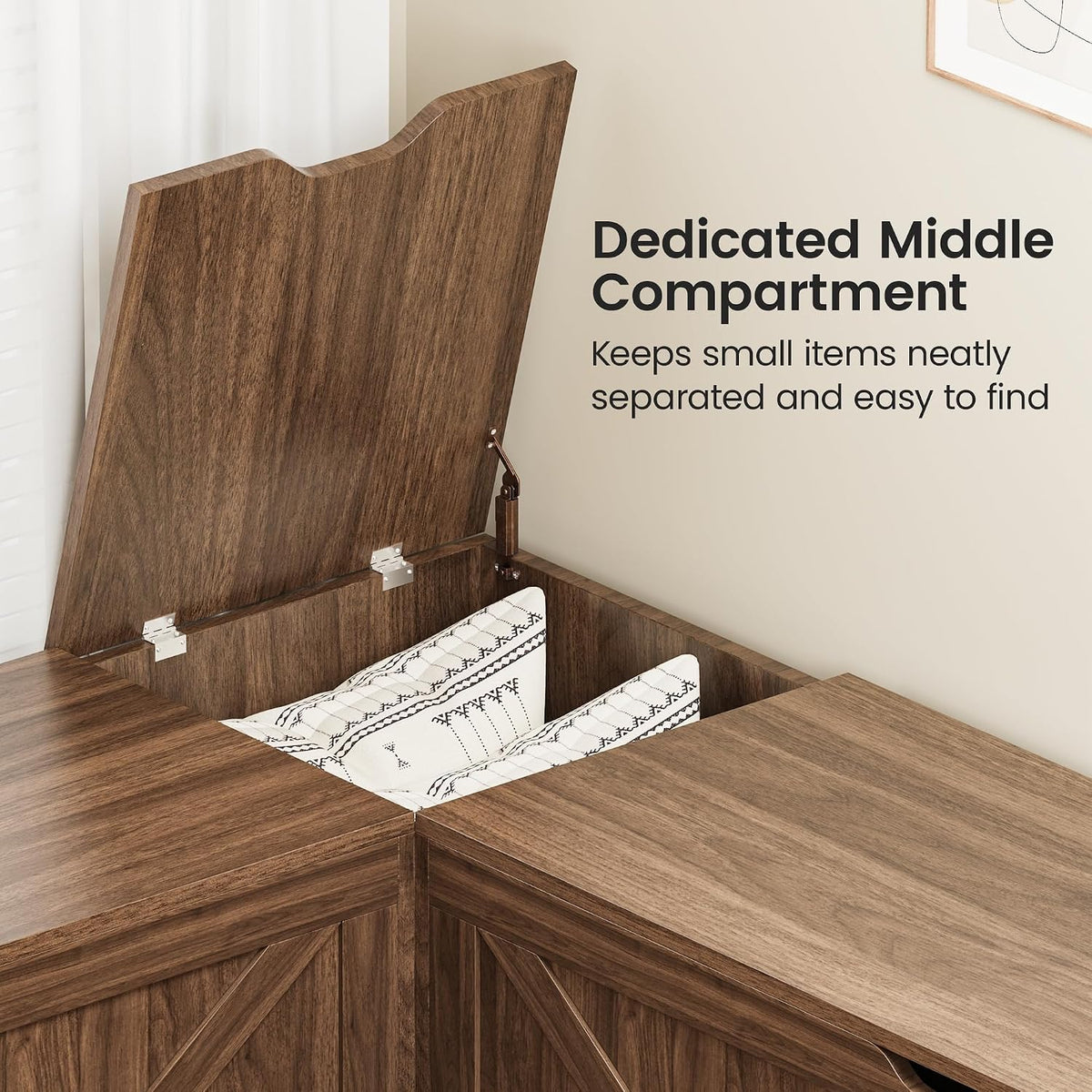 L Shaped Storage Bench, 63" Corner Bench with Storage, Breakfast Nook Bench with 3 Hidden Flip-Top Compartments, Backless Dining Bench for Kitchen, Entryway, Dining Room, Walnut