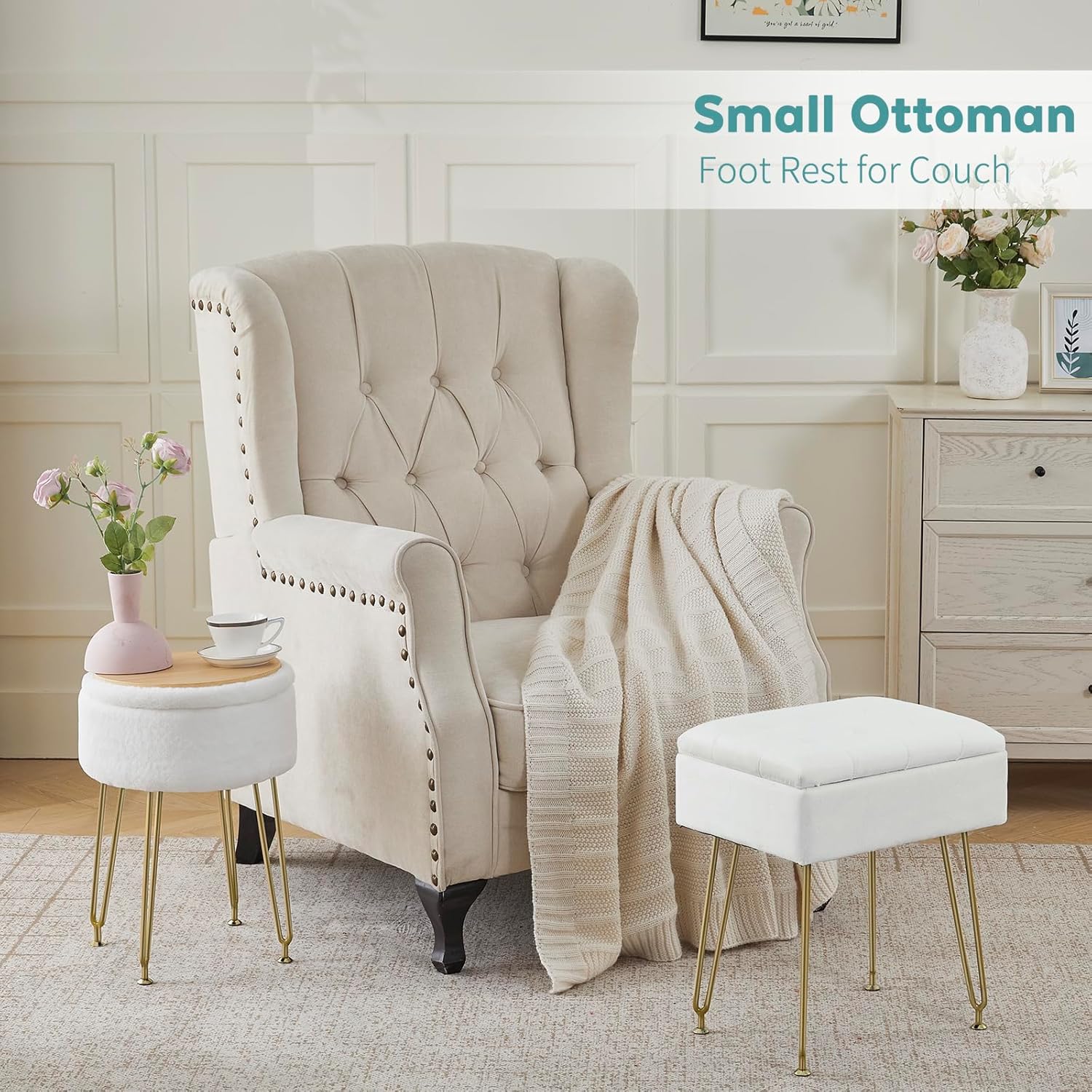 BRIAN & DANY Vanity Stool, Faux Fur Vanity Stool Chair with Storage, Round Makeup Chair Soft Padded Seat with Legs for Bedroom (White)