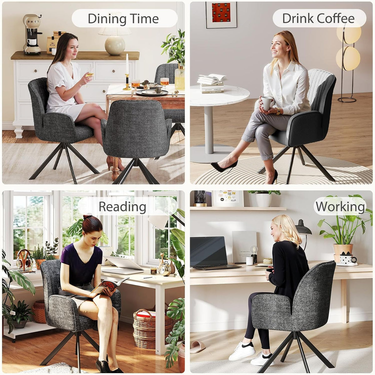 Furniliving Swivel Dining Chairs Set of 2, Upholstered Dining Room Chairs with Arms, 360° Swivel Dining Chairs with Metal Frame, Modern Kitchen Chairs for Lounge, Chenille, Darkgrey
