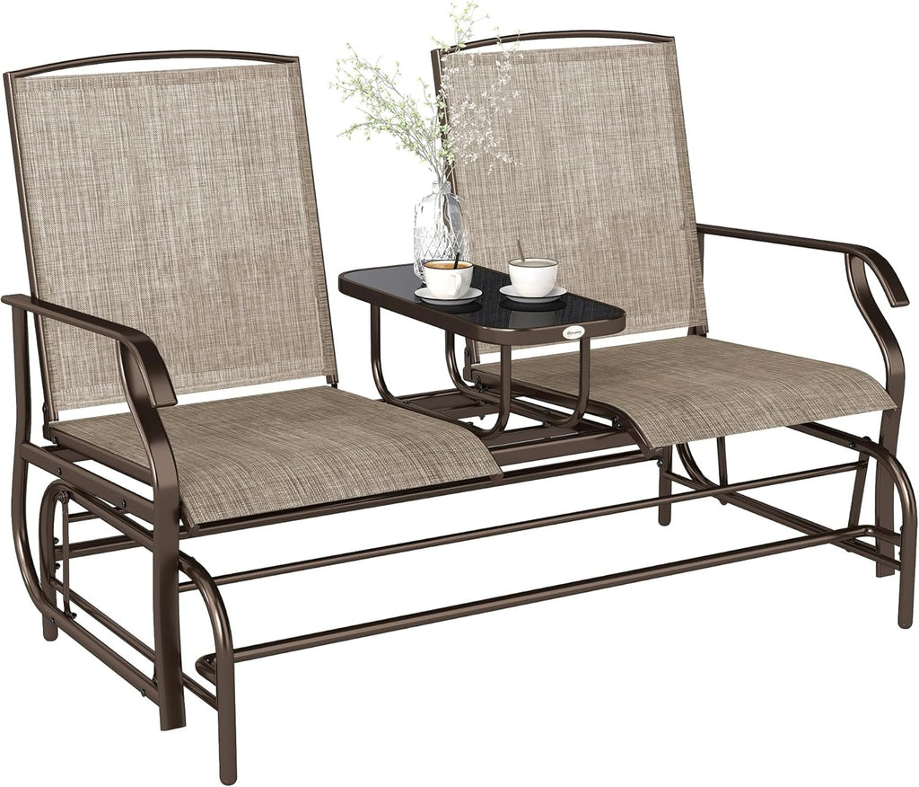 Outsunny Outdoor Glider Bench with Center Table Metal Frame Armrests Brown | Patio Loveseat, Breathable Mesh Fabric, for Backyard Garden Porch