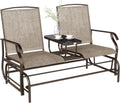 Outsunny Outdoor Glider Bench with Center Table Metal Frame Armrests Brown | Patio Loveseat, Breathable Mesh Fabric, for Backyard Garden Porch