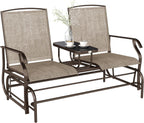 Outsunny Outdoor Glider Bench with Center Table Metal Frame Armrests Brown | Patio Loveseat, Breathable Mesh Fabric, for Backyard Garden Porch