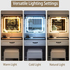 Vanity with Sliding Barn Mirror, Glass Top Makeup Desk with Outlet & Charging Station, 3-Color Lights, 7 Drawers & Shelves for Bedroom, Modern Adjustable Storage Dresser Table
