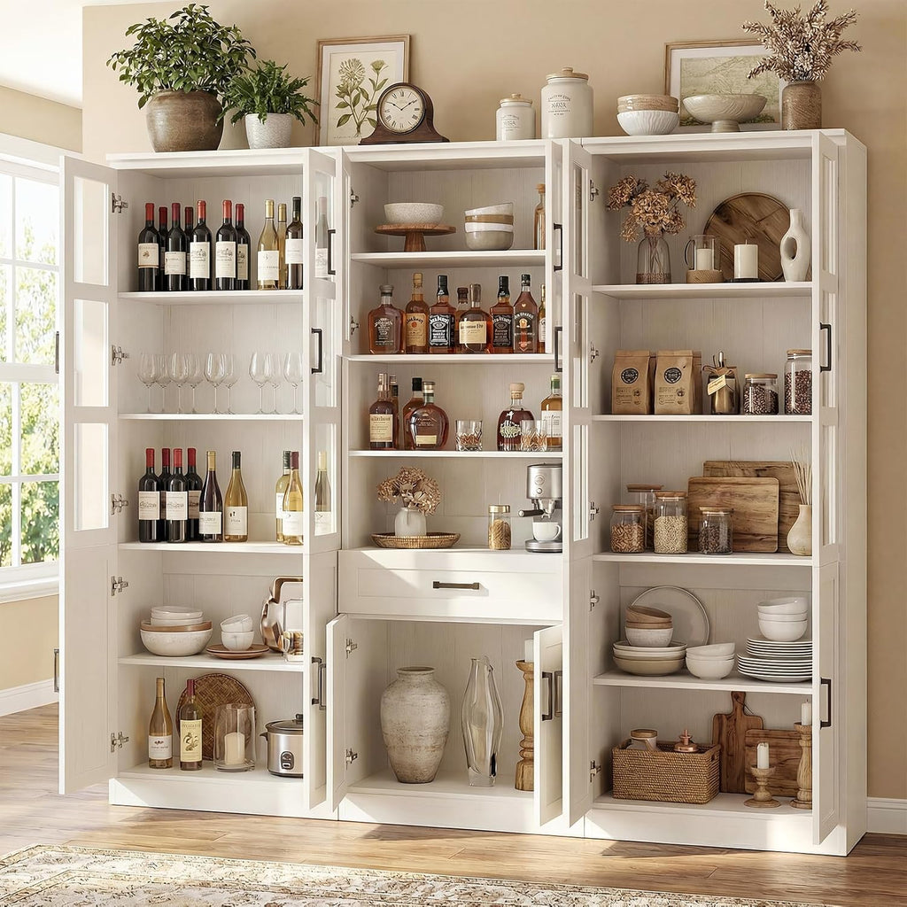 Unikito 79.7" Tall Kitchen Pantry Storage Cabinet, Freestanding Kitchen Hutch Cabinet with Tempered Glass Door, Adjustable Shelves and Drawer, Large Display Bookcase for Living Room Dining Room, White