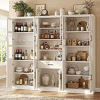 Unikito 79.7" Tall Kitchen Pantry Storage Cabinet, Freestanding Kitchen Hutch Cabinet with Tempered Glass Door, Adjustable Shelves and Drawer, Large Display Bookcase for Living Room Dining Room, White