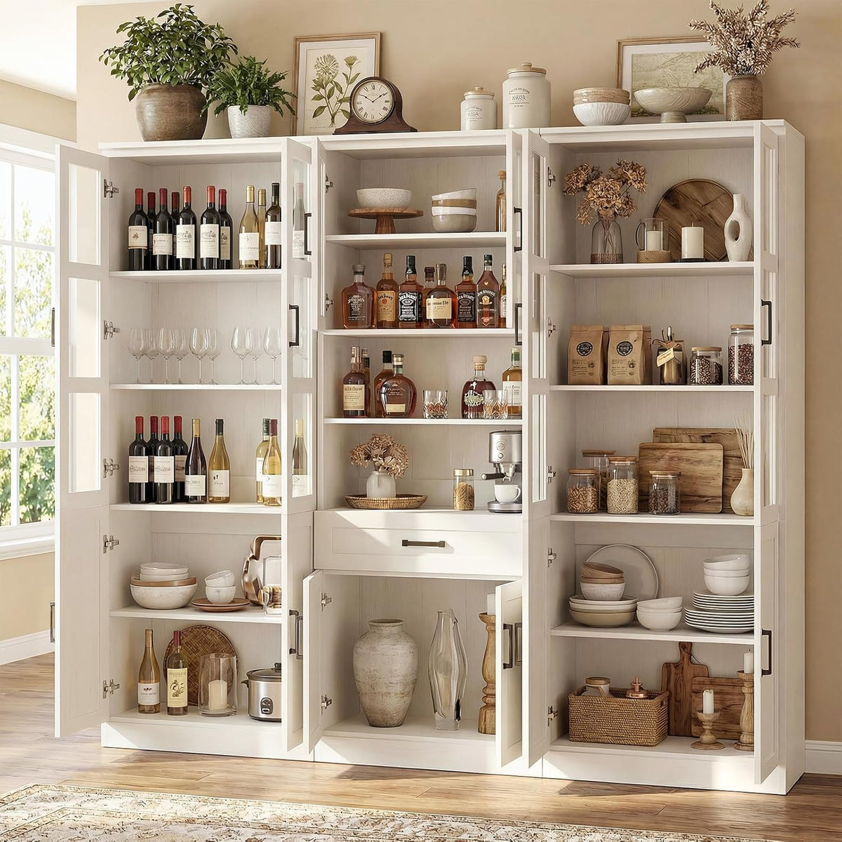 Unikito 79.7" Tall Kitchen Pantry Storage Cabinet, Freestanding Kitchen Hutch Cabinet with Tempered Glass Door, Adjustable Shelves and Drawer, Large Display Bookcase for Living Room Dining Room, White