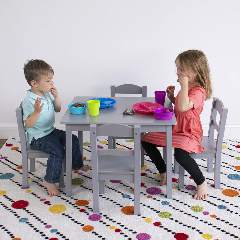 Humble Crew Kids Wood Table and 4 Chair Set, Grey & Kids Super Sized Bookshelf 6 Tier Book Rack Organizer, Grey/White