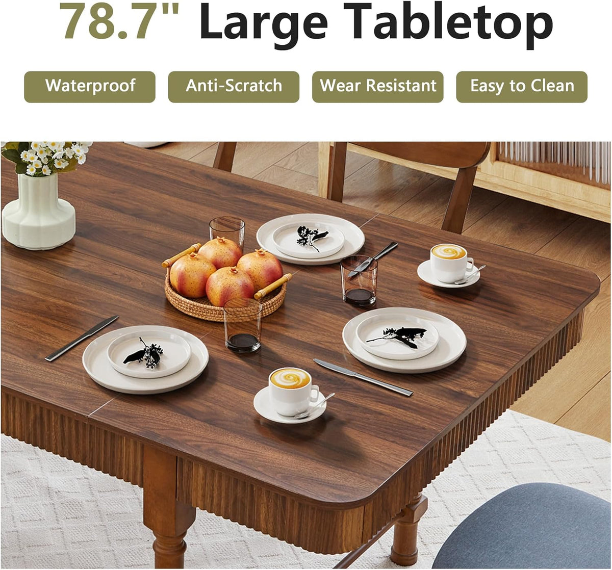 Fluted Dining Table for 6 to 10 People, 79'' Long Rustic Dinner Table with Drawers, Farmhouse Rectangular Wooden Tables for Kitchen, Dining Room, Living Room (Walnut)