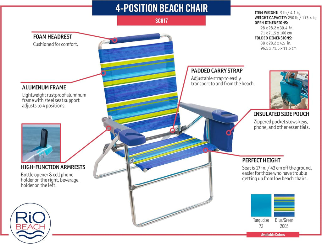 Rio Brands 17" Extended Height 4-Position Folding Beach, Camping, Lawn Chair, Blue/White/Green