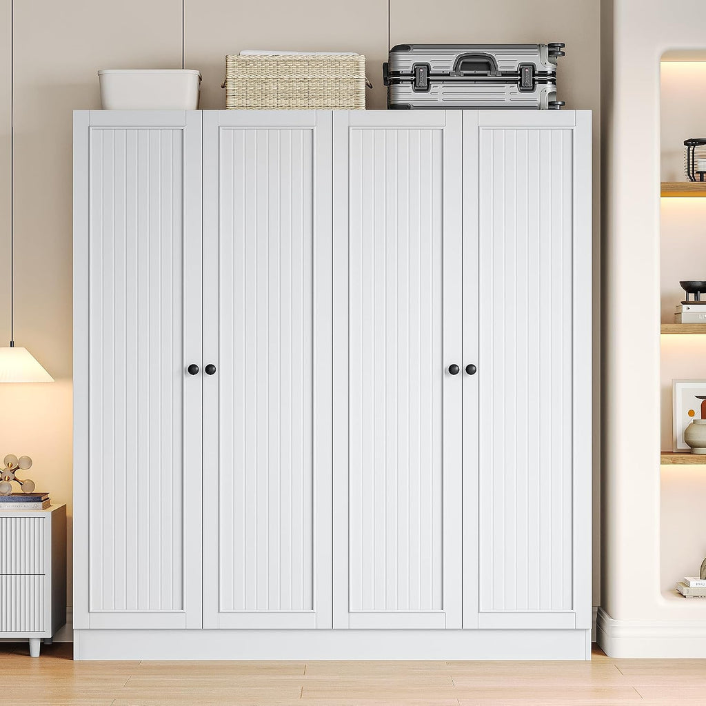 iPormis 4 Doors Armoire Wardrobe Closet with 2 Drawers, 63" Large Wardrobe Cabinet with Removable Hanging Rods and Adjustable Shelves, Closet Storage Cabinet for Bedroom, Cloak Room, White
