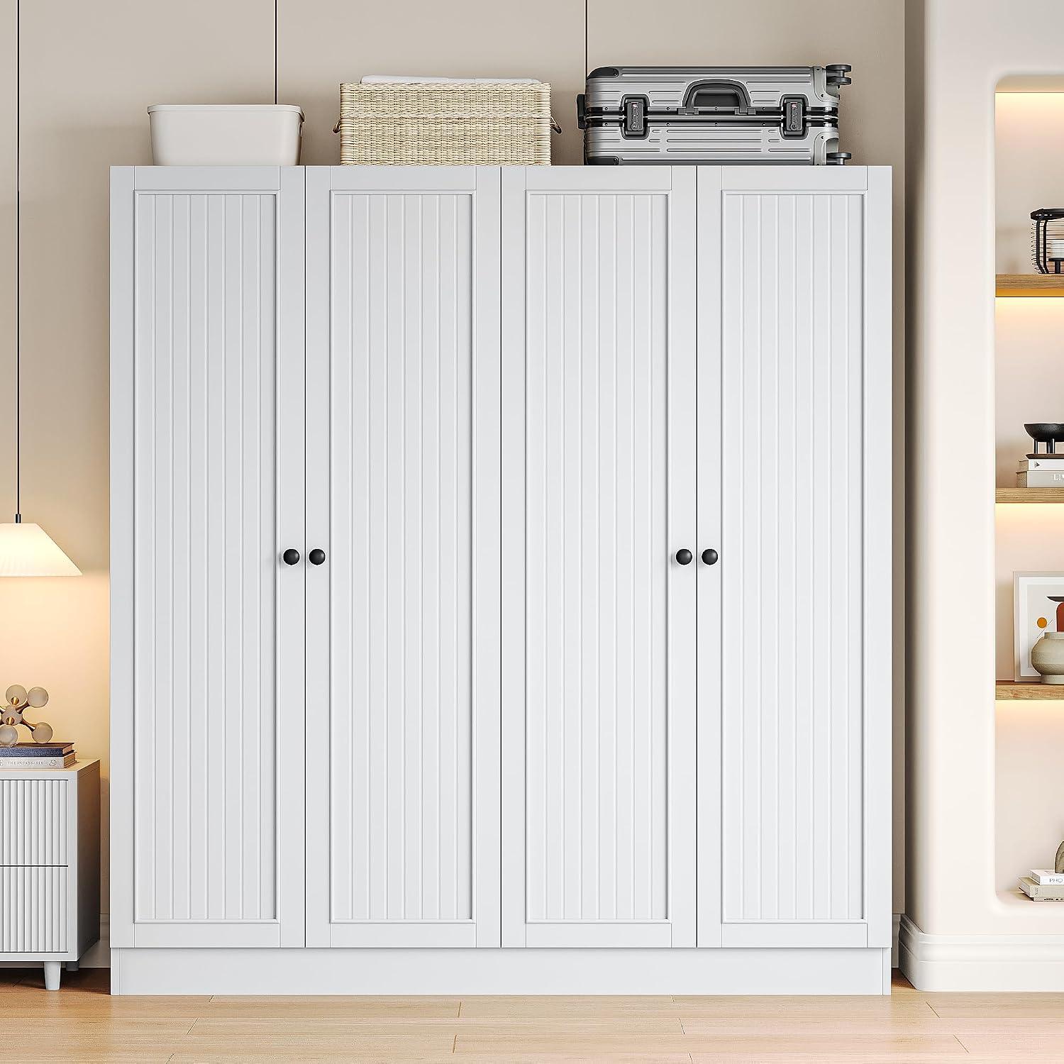 iPormis 4 Doors Armoire Wardrobe Closet with 2 Drawers, 63" Large Wardrobe Cabinet with Removable Hanging Rods and Adjustable Shelves, Closet Storage Cabinet for Bedroom, Cloak Room, White