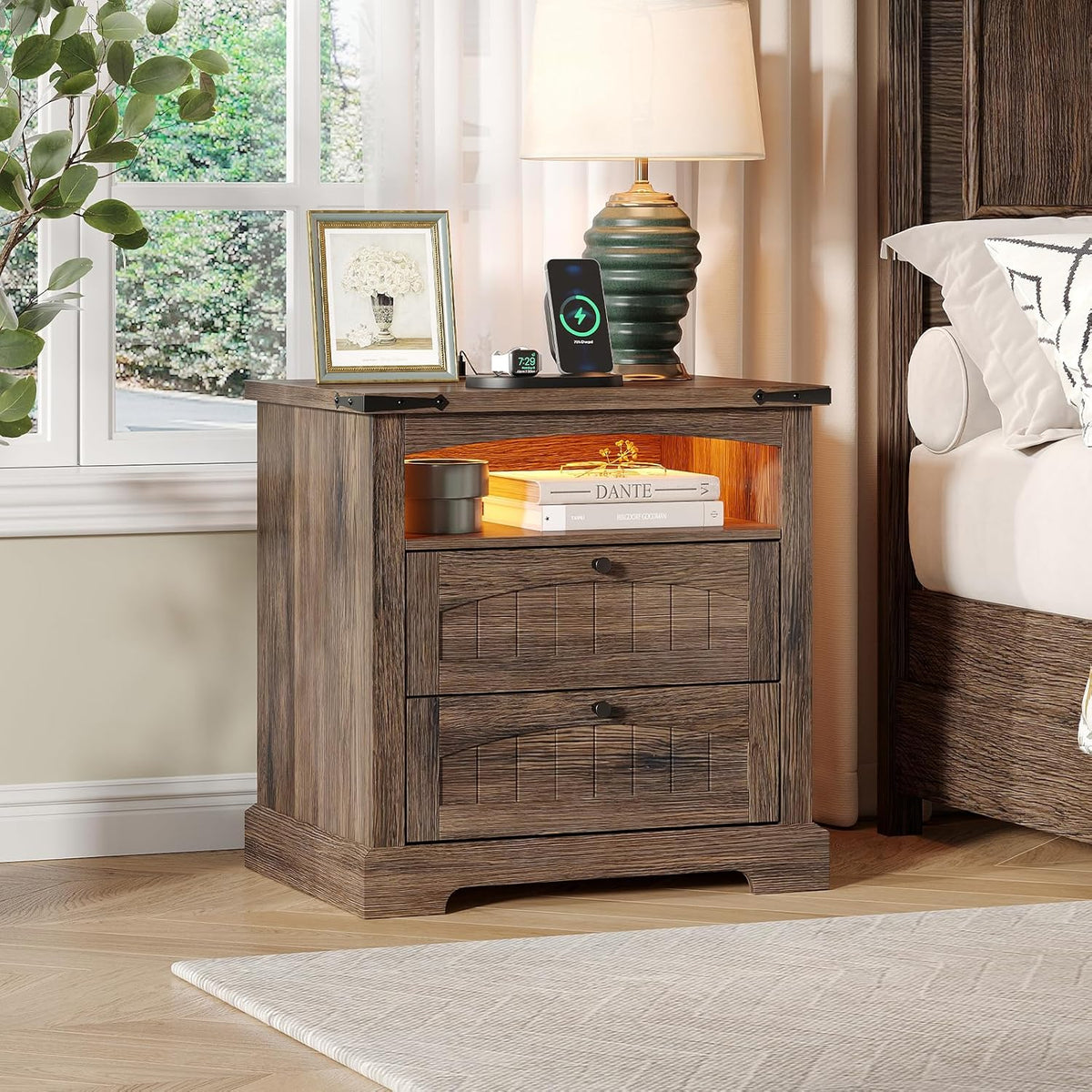 Vabches Nightstand with Charging Station and LED Lights, Vintage End Table with 2 Drawers, Wood Rustic Sofa Side Table with Open Storage Shelf for Bedroom, Living Room, Dark Brown