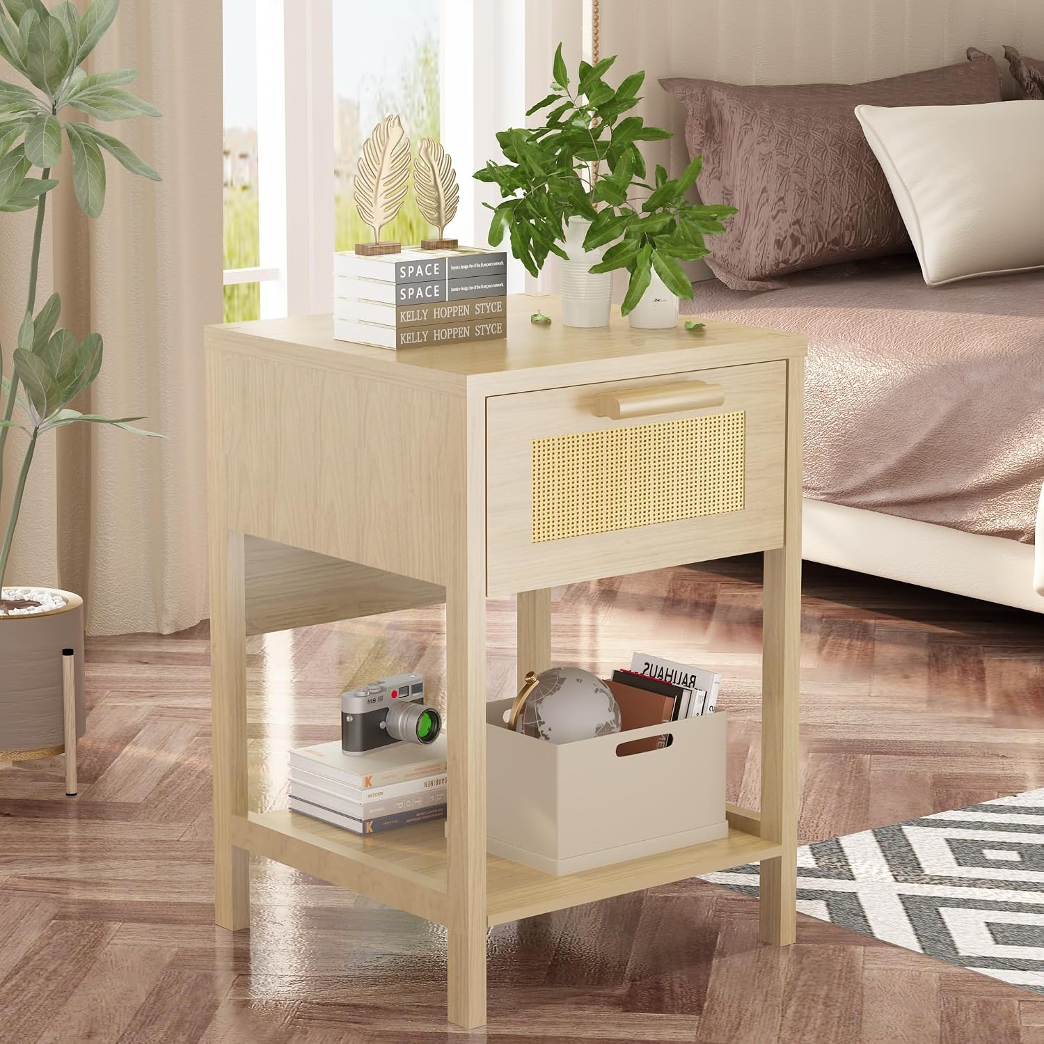 furlinkhm Rattan Nightstand, Boho Bedside Table, 23" Rattan Nightstand, End Table with Drawer, Wood Bedside Table Boho End Tables Side Tables with Storage Shelf, Suitable for Bedroom, Living Room