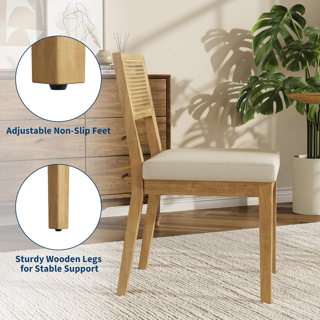 Garvee Rattan Dining Chairs Set of 2, French Country Upholstered Dining Chairs Wood Frame, Rattan Backrest, Armless Chair for Kitchen Restaurant Dining Room Bedroom, Linen, Natural