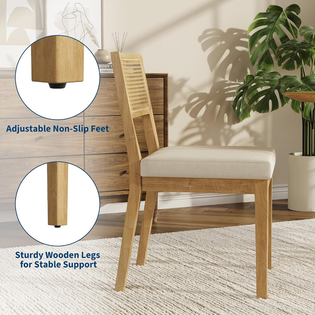 Garvee Rattan Dining Chairs Set of 4, French Country Upholstered Dining Chairs Wood Frame, Rattan Backrest, Armless Chair for Kitchen Restaurant Dining Room Bedroom, Linen, Natural
