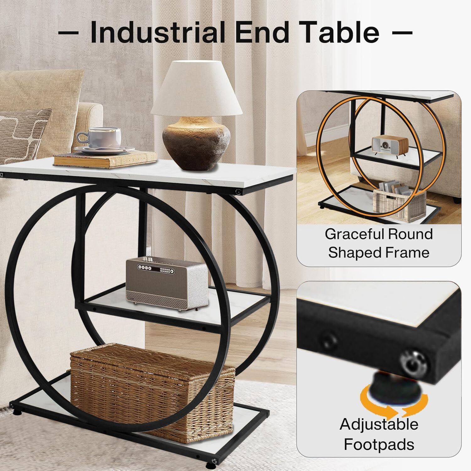 AT-VALY Pair of 2 Side Table with Storage Shelves,3-Tier End Table, Small Sofa Side Table for Living Room, Bedroom (Black)