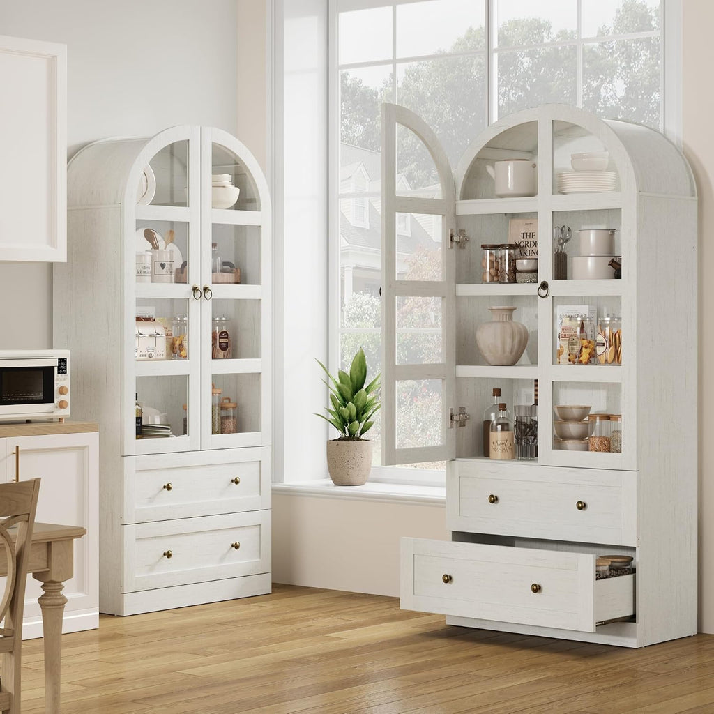 72" Tall Arched Kitchen Pantry Cabinet,Wood Arched Bookshelf with 2 Doors, 2 Drawers, Adjustable Shelves,Versatile Sideboard Buffet for Dining & Living Room,White