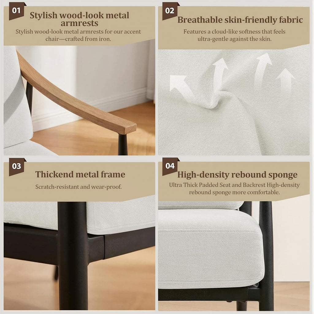 RNKSFX Modern Accent Chair for Living Room Bedroom Mid Century Arm Chair Upholstered Office Accent Chair Comfy Waiting Room Chair with Metal Frame, Cream White