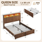 CypBed Queen Size Bed Frame with Headboard and 2 Storage Drawers, Walnut