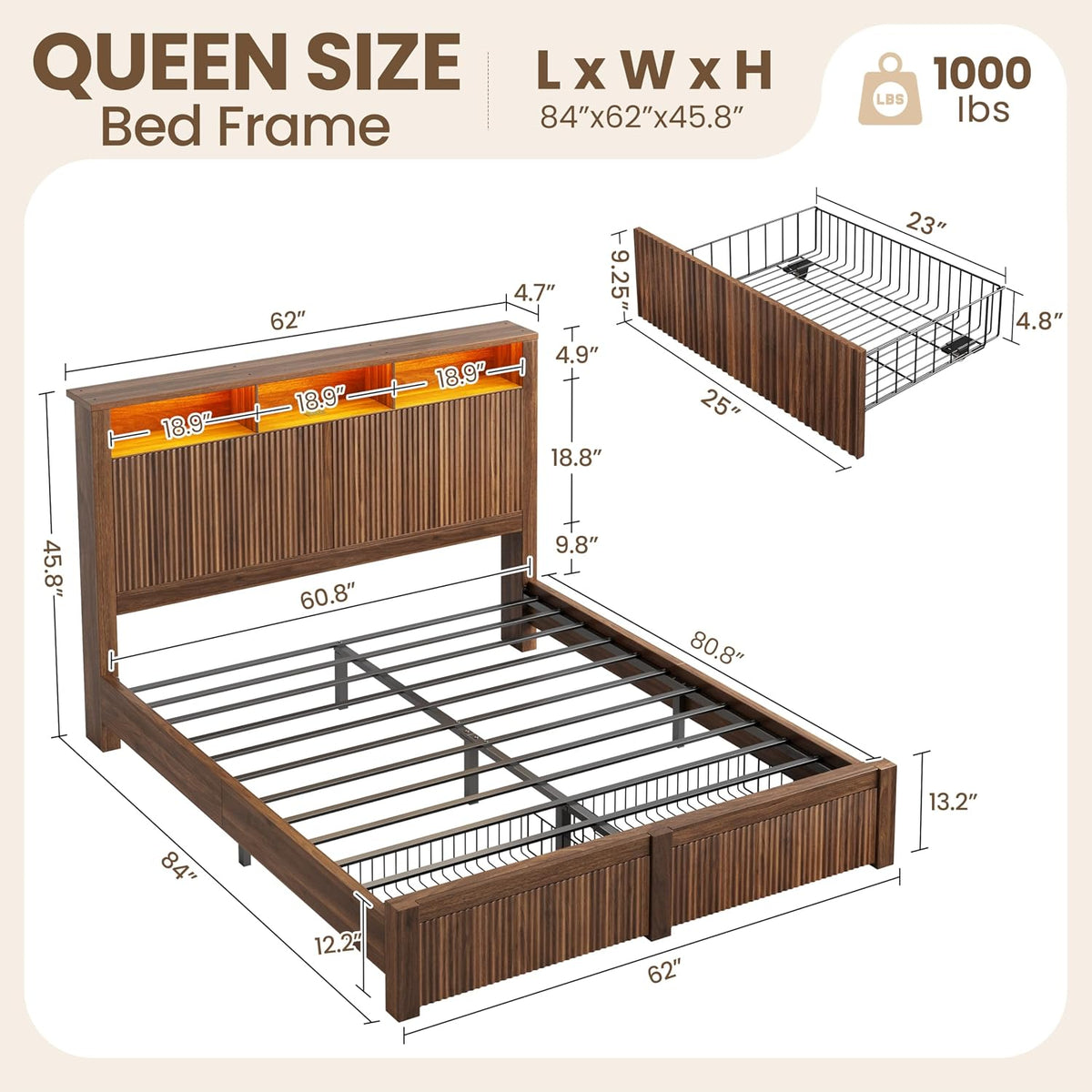 CypBed Queen Size Bed Frame with Headboard and 2 Storage Drawers, Walnut
