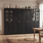 Cyclysio 80" Tall Kitchen Pantry, Wide Arch Storage Cabinets with 4 Glass Doors and Adjustable Shelves, Freestanding Wood Floor Cupboard with Seamless Fit Wall for Living Room, Dining Room