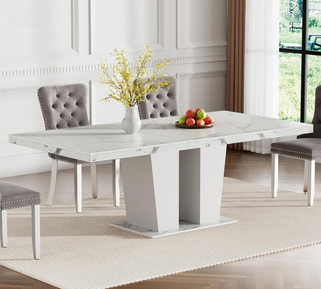 Extendable Dining Table Set of 6, White Rustic Kitchen Dining Table & 6 Gray Velvet Dining Chairs with Stainless Leg, 62.99"-78.74" Dining Room Table and Chairs Set, Modern 7 Piece Dining Set