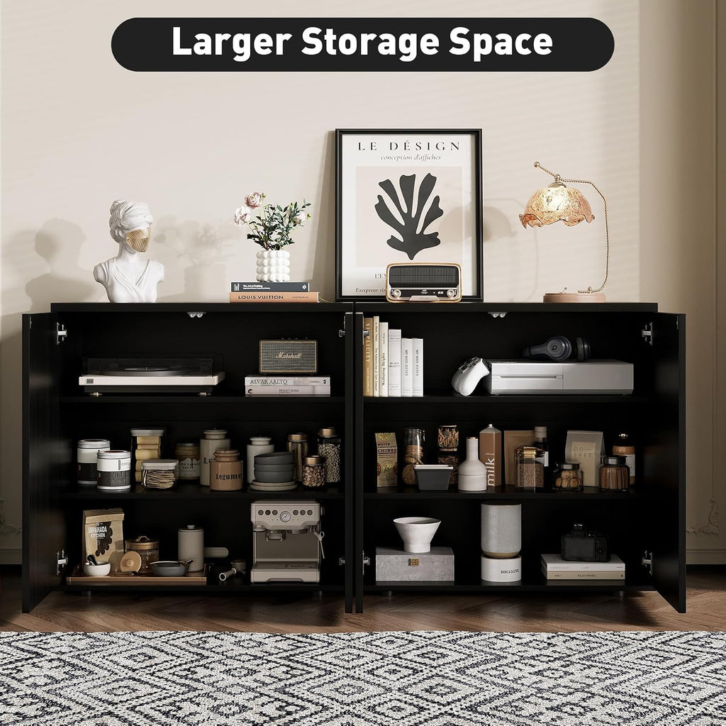 Rophefx Fluted Sideboard Cabinet, 94.5" Buffet Cabinet with Storage, Credenza Storage Cabinets with Adjustable Shelf, Wood Entryway Cabinets with Pop-up Doors for Living Room, Entryway, Hallway, Black