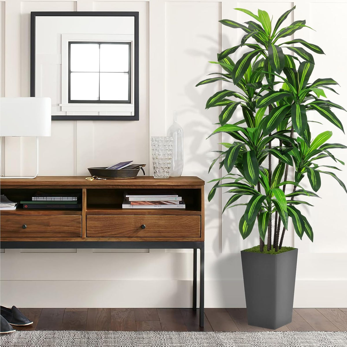 Artificial Dracaena Tree 6FT - Faux Tree with Gray Tall Planter - Fake Tropical Yucca Floor Plant in Pot - Artificial Silk Tree for Home Office Living Room Decor Indoor