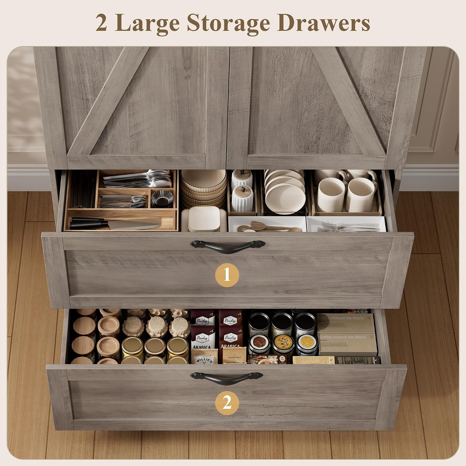 HOSTACK 70" Tall Kitchen Pantry Storage, Barn Doors Pantry Cabinet with Drawers and Adjustable Shelf, Modern Farmhouse Storage Cabinet for Kitchen, Dining Room, Living Room, Bathroom, Ash Grey