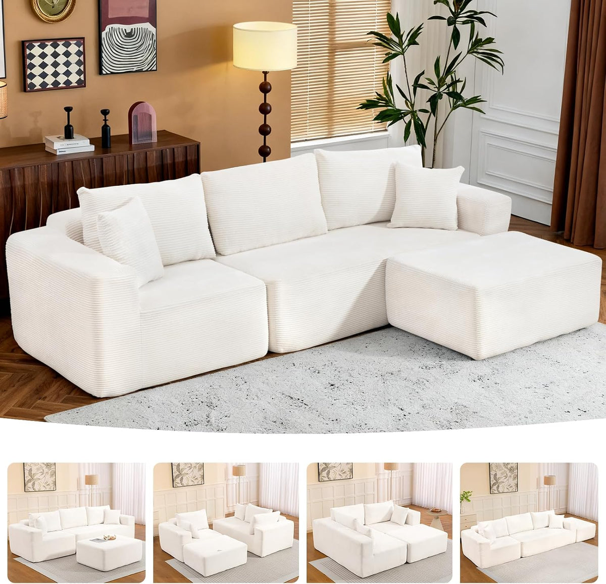108" Cloud Couch Sectional, L-Shaped Sofa, Beige, Chaise Ottoman | No Assembly Required, Easy to move around, Modular Design,1200LBS Capacity, Deep Seat, Soft Corduroy Upholstery, Living Room