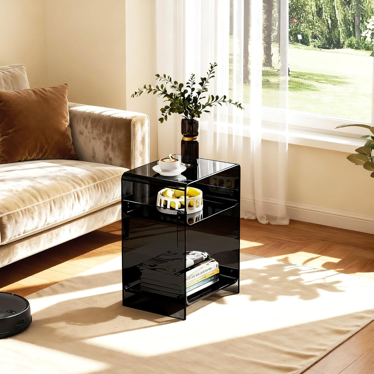 Acrylic Record Player Table with Storage Shelf, Clear Side Table Nightstand (Black, Medium)