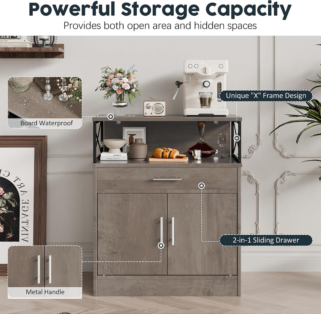 SUNLEI Kitchen Buffet Sideboard Cabinet, Storage Cabinets with 2 Doors and 1 Drawers, Open Storage & Adjustable Shelf, Farmhouse Coffee Bar Cabinet with Storages for Kitchen, Rustic Grey