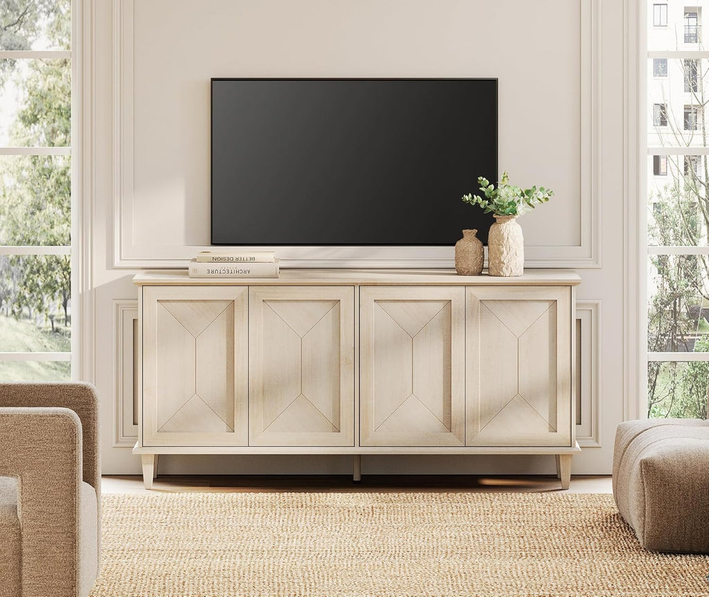 WAMPAT 65-inch Handcrafted Patchwork Decorative Buffet Cabinet with Pop-Up Design Doors,Full Unit Modern Farmhouse Accent Credenza for Coffee Bar, Kitchen, and Living Room,Beige Light Oak