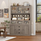 HIFIT 71.4” H Kitchen Hutch Pantry Cabinet with 3 Bread Boxes&7 Metal Hooks | Farmhouse Kitchen Hutch Cabinet with Storage and Glass Doors for Living Dining Room, Home Office, Ash Grey